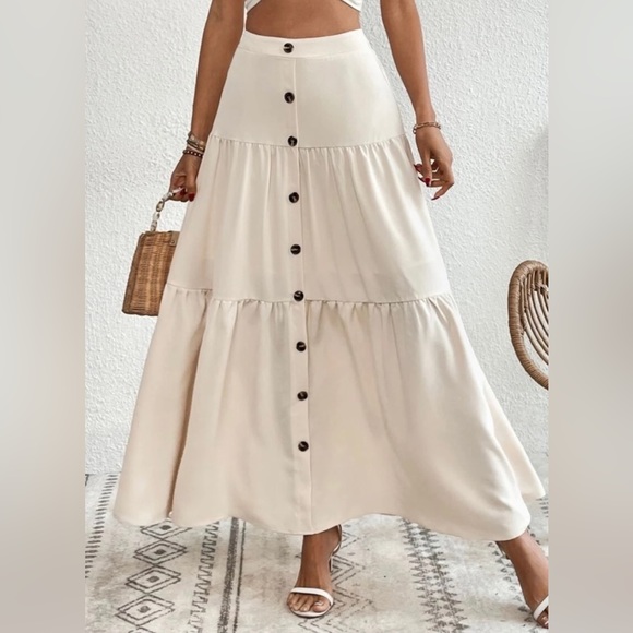 Boho solid button detail high waisted maxi skirt - Picture 1 of 11